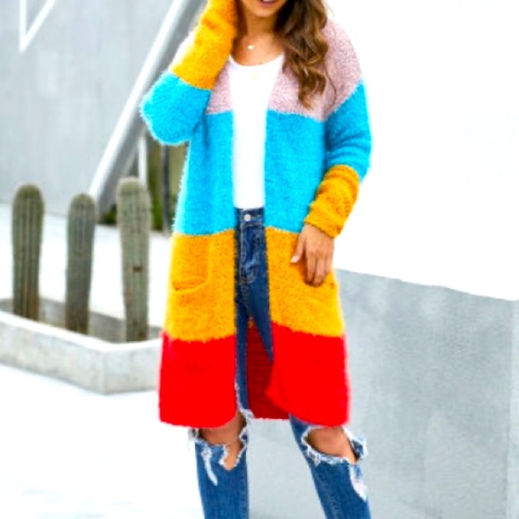 Sweaters - Multicolored Color Block Knit Cardigan